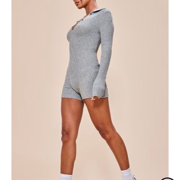 PrettyLittleThing Rib Knit Romper Womens Size 0/XS Long Sleeve Oversized Gray - Picture 9 of 9